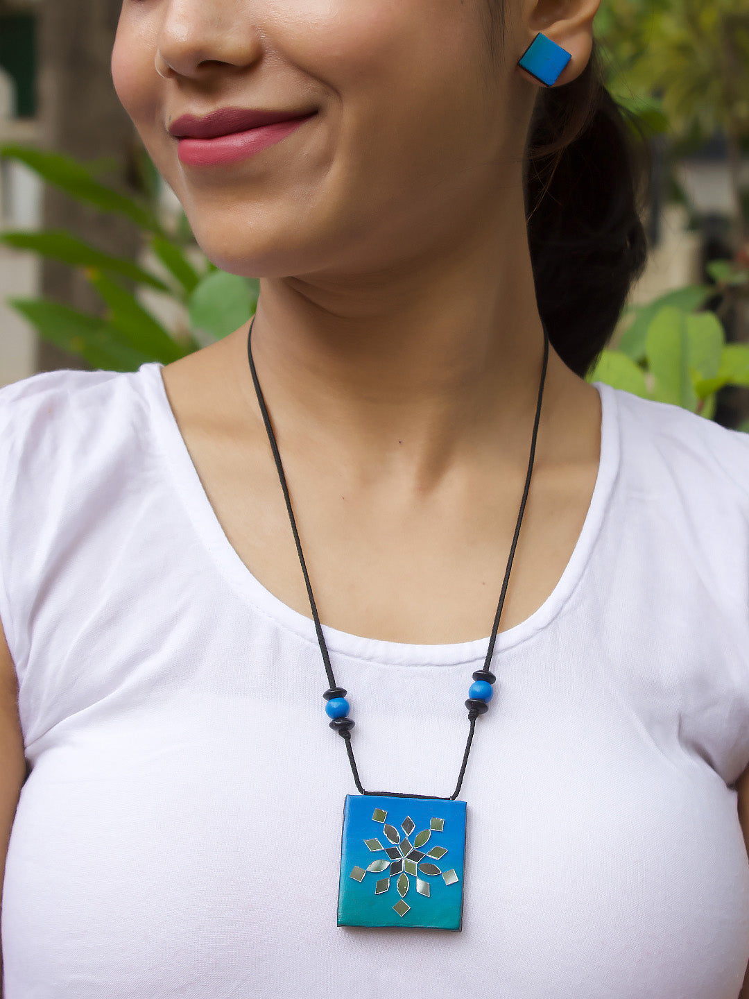 Blue Geometric Square Shape Flower Design Mirror Work Minimalistic Handmade Terracotta Necklace Set