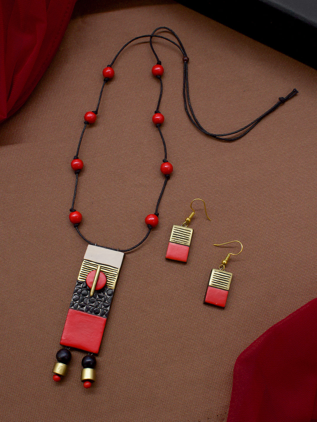 Rectangular Design Hand Painted Terracotta Jewellery Set