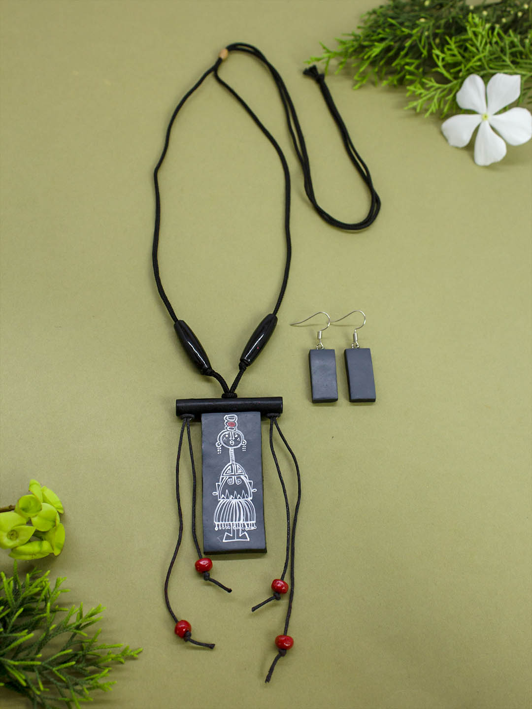 Grey White Rectangular Shape Folk Art Warli Art Painting Handmade Terracotta Necklace Set