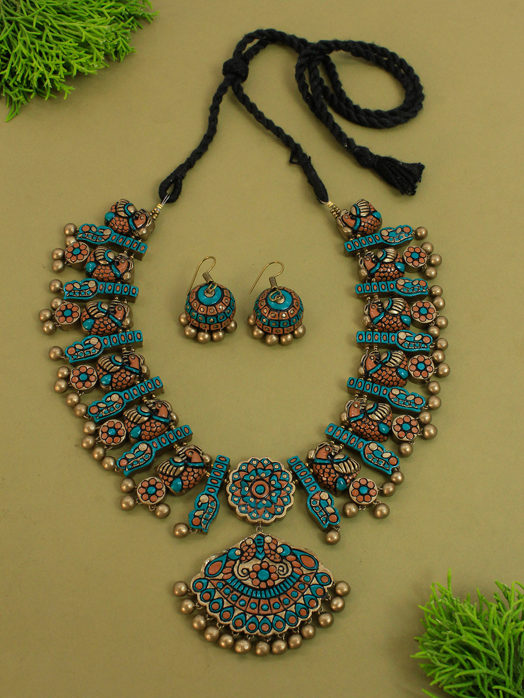 Mandala Art Design Peacock Gold Blue Turquoise Contemporary Handmade Terracotta Necklace Set
