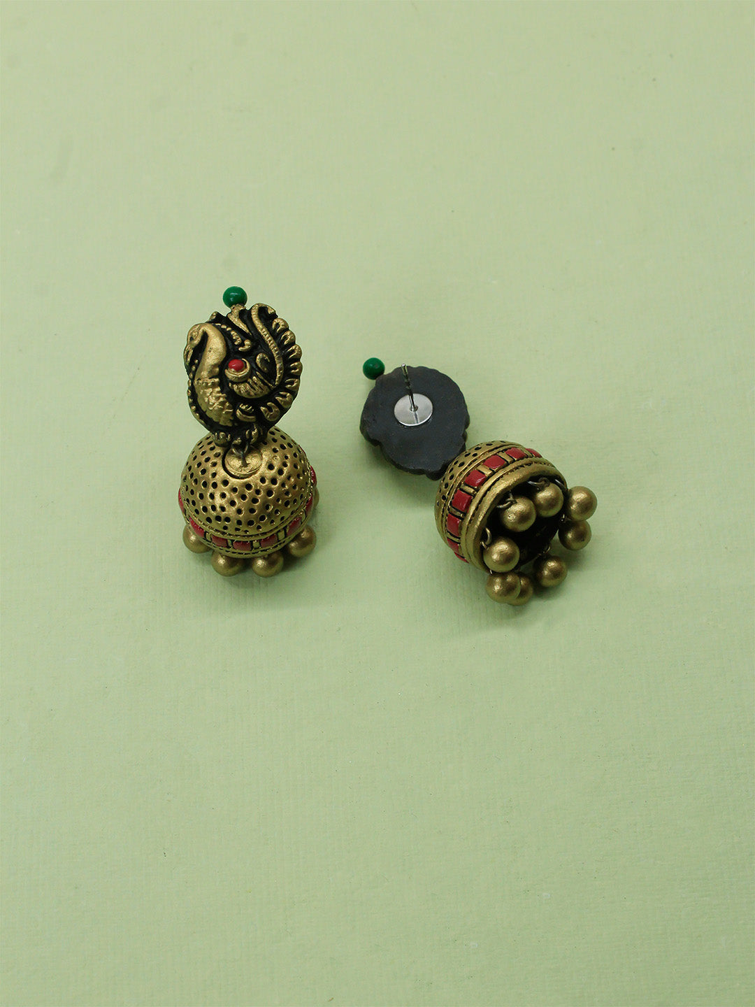 Antique Gold Green Orange Red Rajawadi Style Peacock Leaf Design Hasli Style Handmade Terracotta Necklace Set