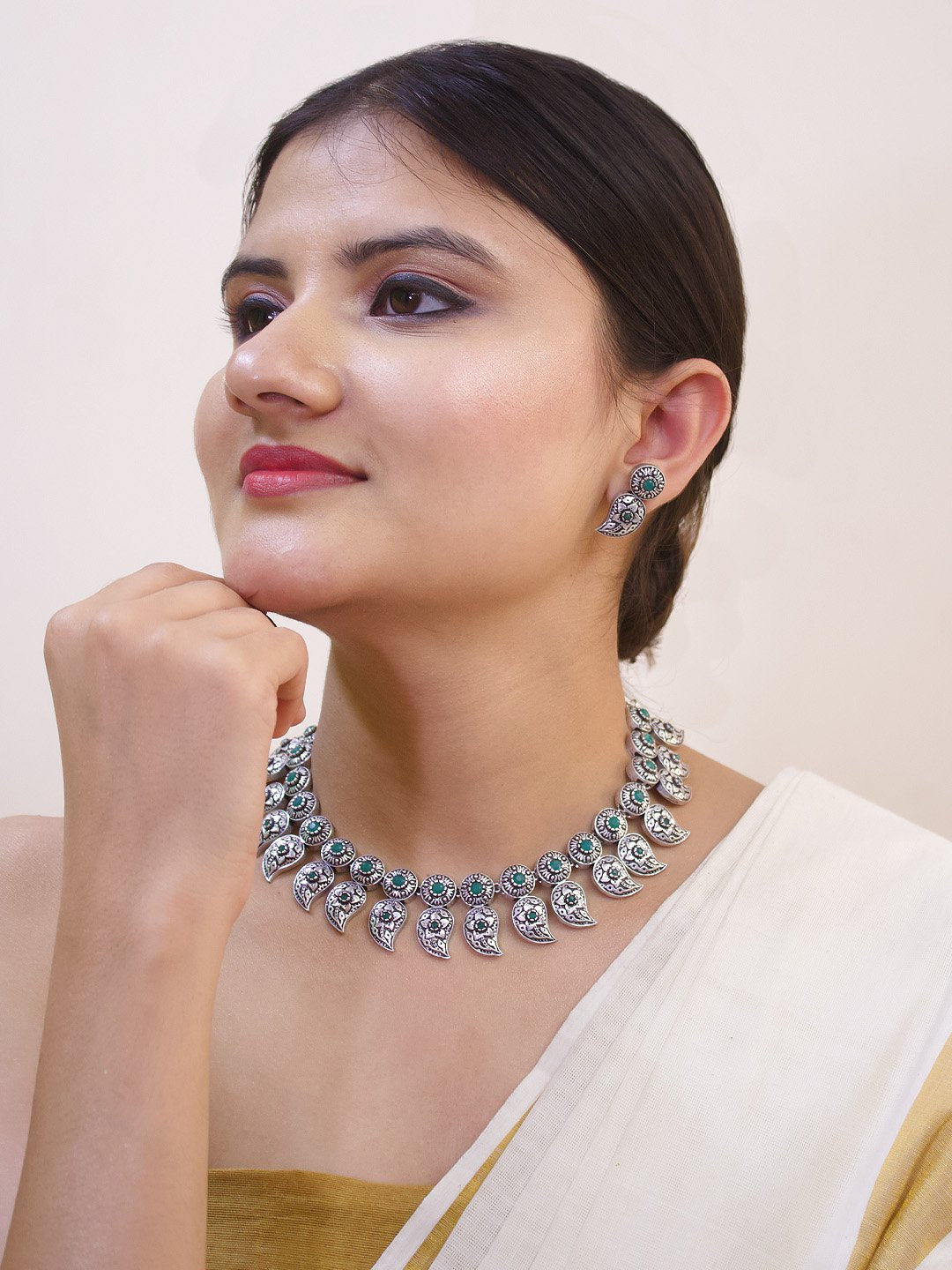 Silver Plated Mango Design Green Color Artificial Stone Choker Necklace Set