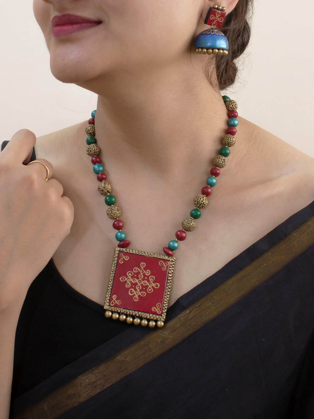 Mandala Design Hand Painted Square Design Terracotta Jewellery Set