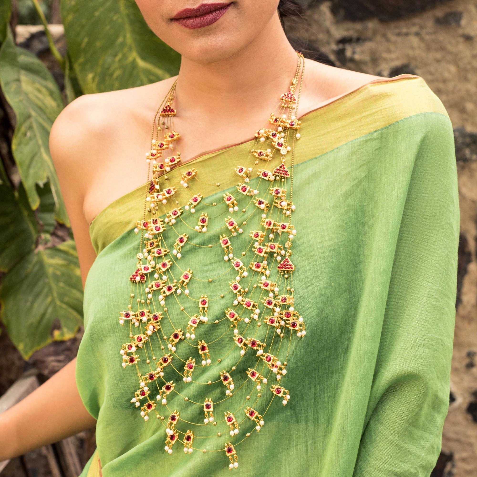 Celebrity Statement Styles - Designer Multi 15 Layered Long Necklace Set in Red Motifs Kemp stones