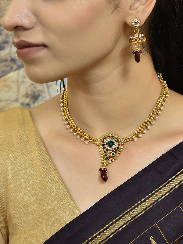 Avismaya Antique Gold Plated 2 Line Necklace With Mango Shape Design Pendant Necklace Set