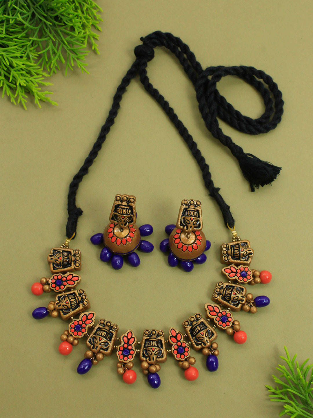 Elephant and Mango Design Gold Orange Blue Handmade Terracotta Necklace Set