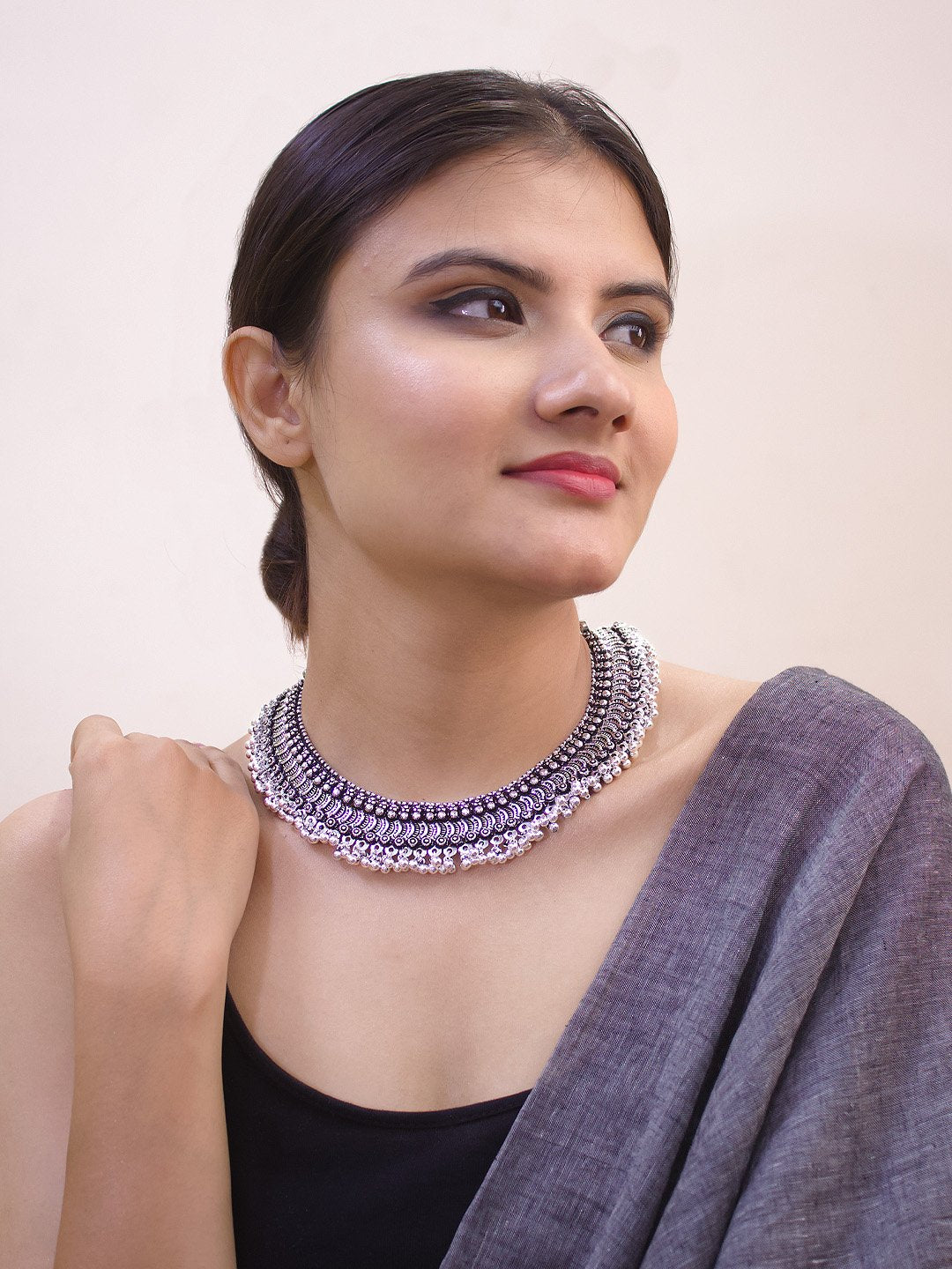 Silver Plated Filigree Design With Ghungroo Droppings Choker Necklace