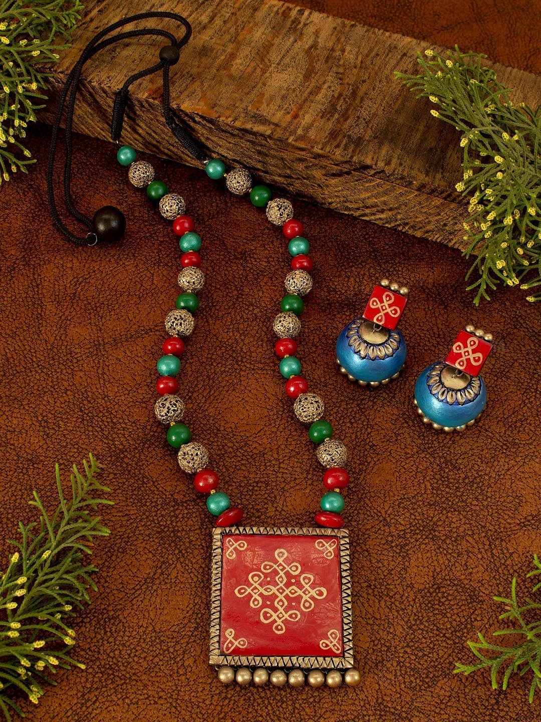 Mandala Design Hand Painted Square Design Terracotta Jewellery Set