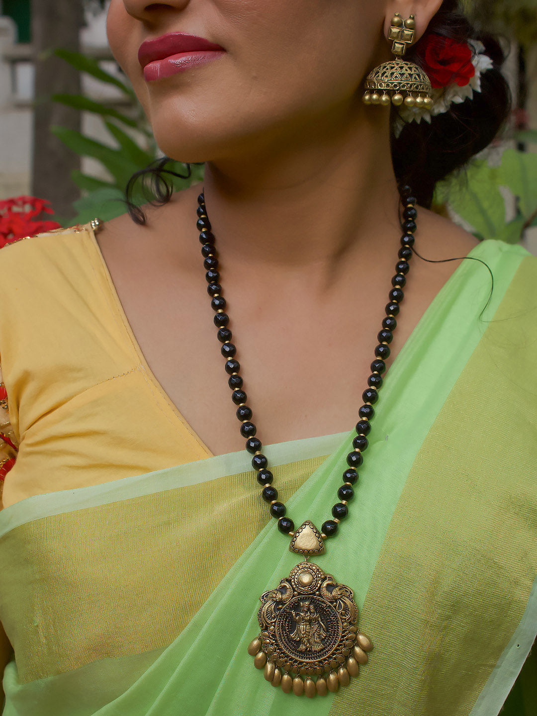 Radha Krishna Design Black Semi-precious Agate Beads and Antique Gold Handmade Terracotta Necklace Set