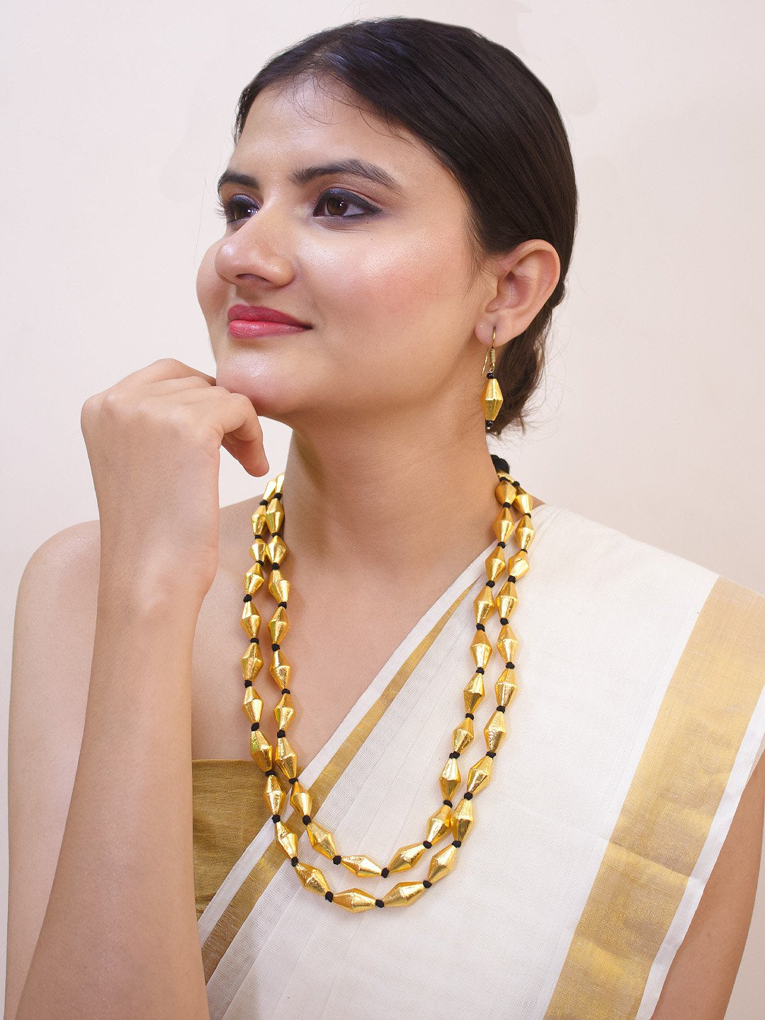 Gold Plated Rhombus Design Two Layered Long Necklace Set