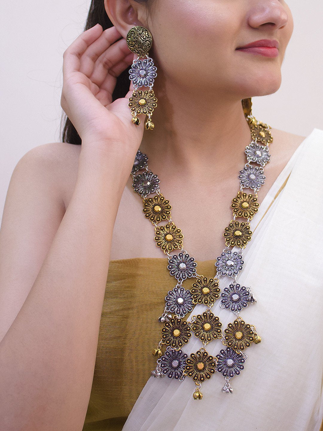 Dual Tone Floral Design With Hanging Silver Coin Pendant Long Necklace Set