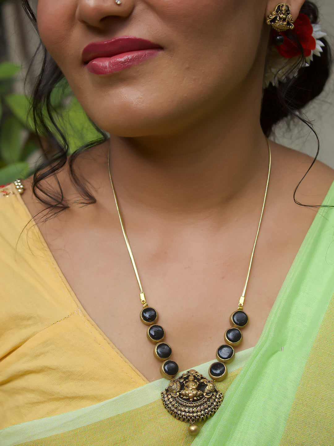 Circular Pattern Design Lakshmi Pendant Design Antique Gold Black Handmade Terracotta Necklace Set