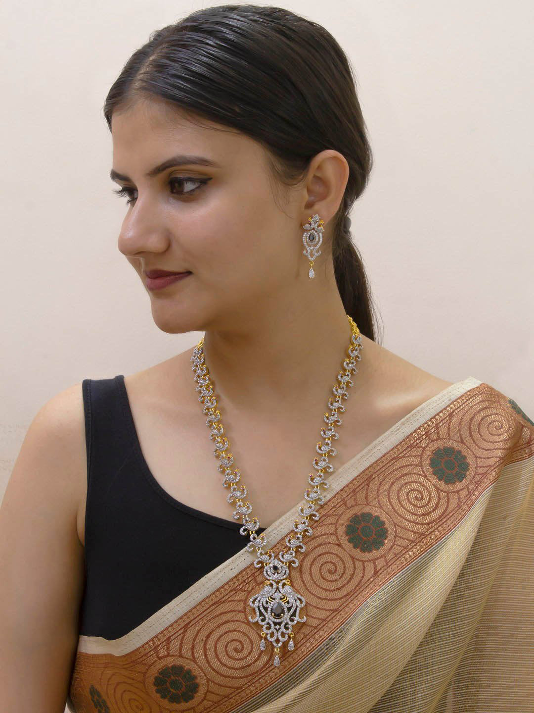 Avismaya Gold Plated Peacock Design With American Diamond Stone And Ruby Stones Medium Necklace Set