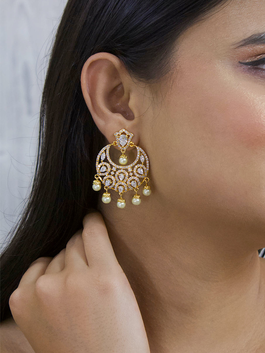 Avismaya Gold Plated Floral Design American Diamond Stone Dangler Earring