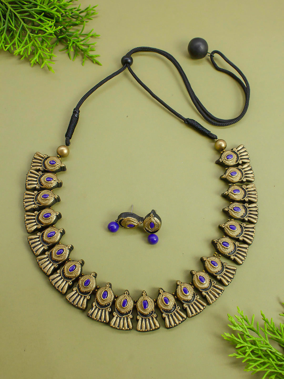 Heritage Jadau Pattern Antique Gold Blue Pear Shape Handmade Terracotta Necklace Set