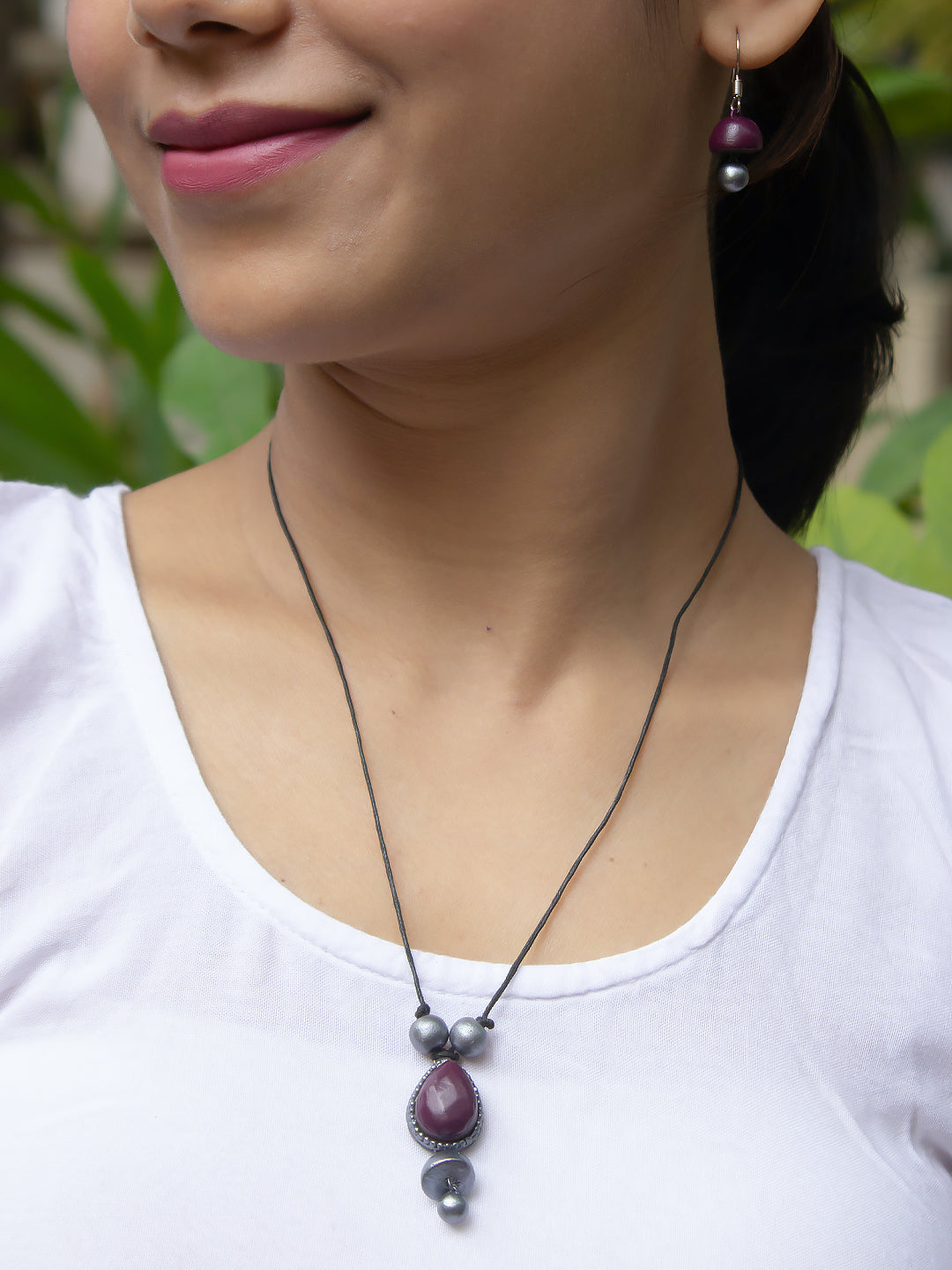 Wine Pear Style Jhumka Design Handmade Terracotta Necklace Set