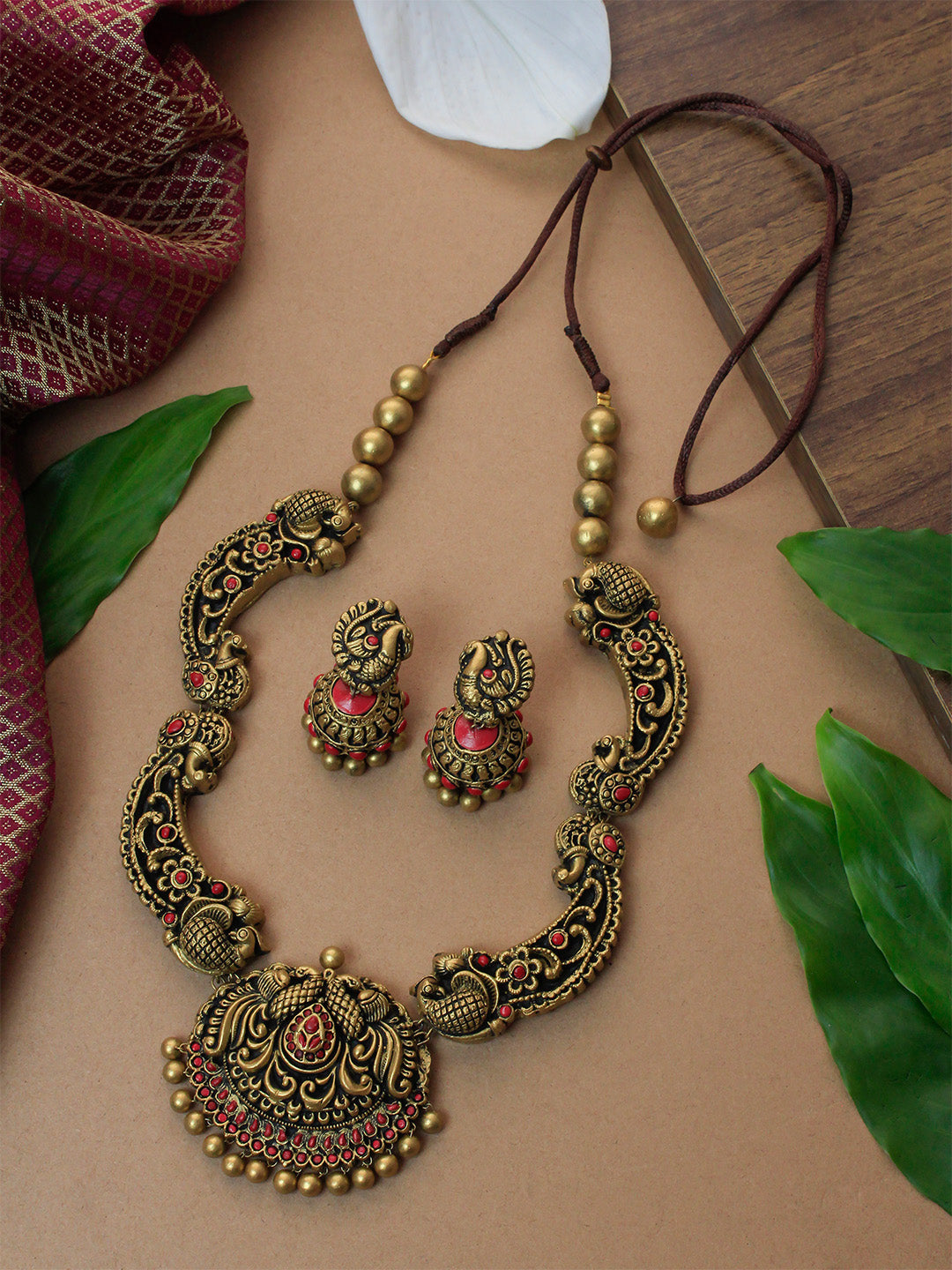Varnitha — Antique Gold Pink Rajwadi Style Peacock Design Haram Handmade Terracotta Necklace Set