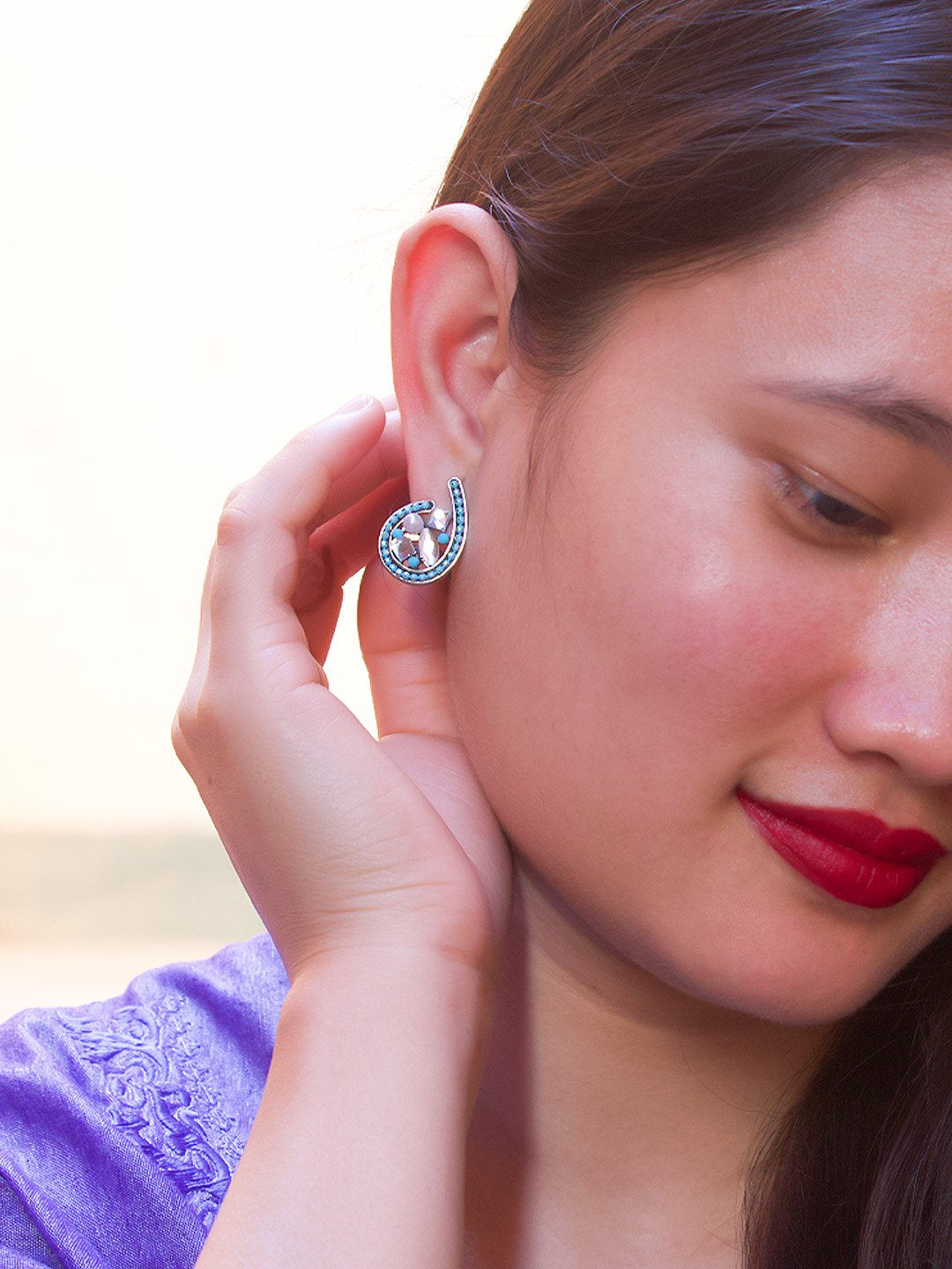 Spiral Design Blue Stud With Stones Earring