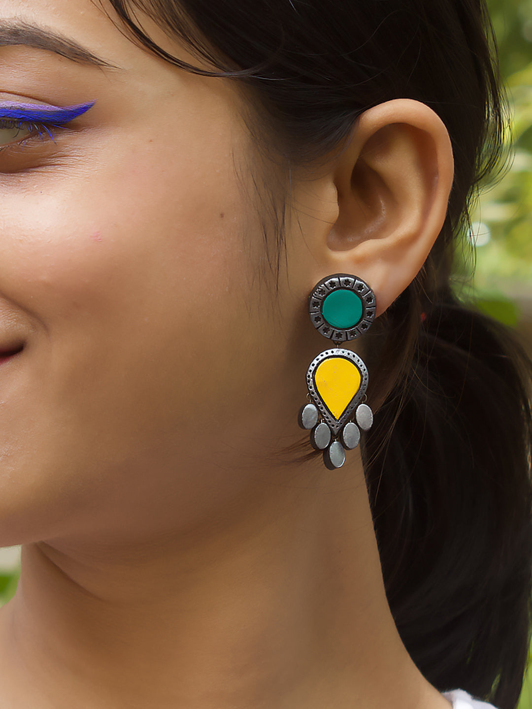 Emerald Green Yellow Antique Silver Leaf Design Handmade Terracotta Drop Earrings