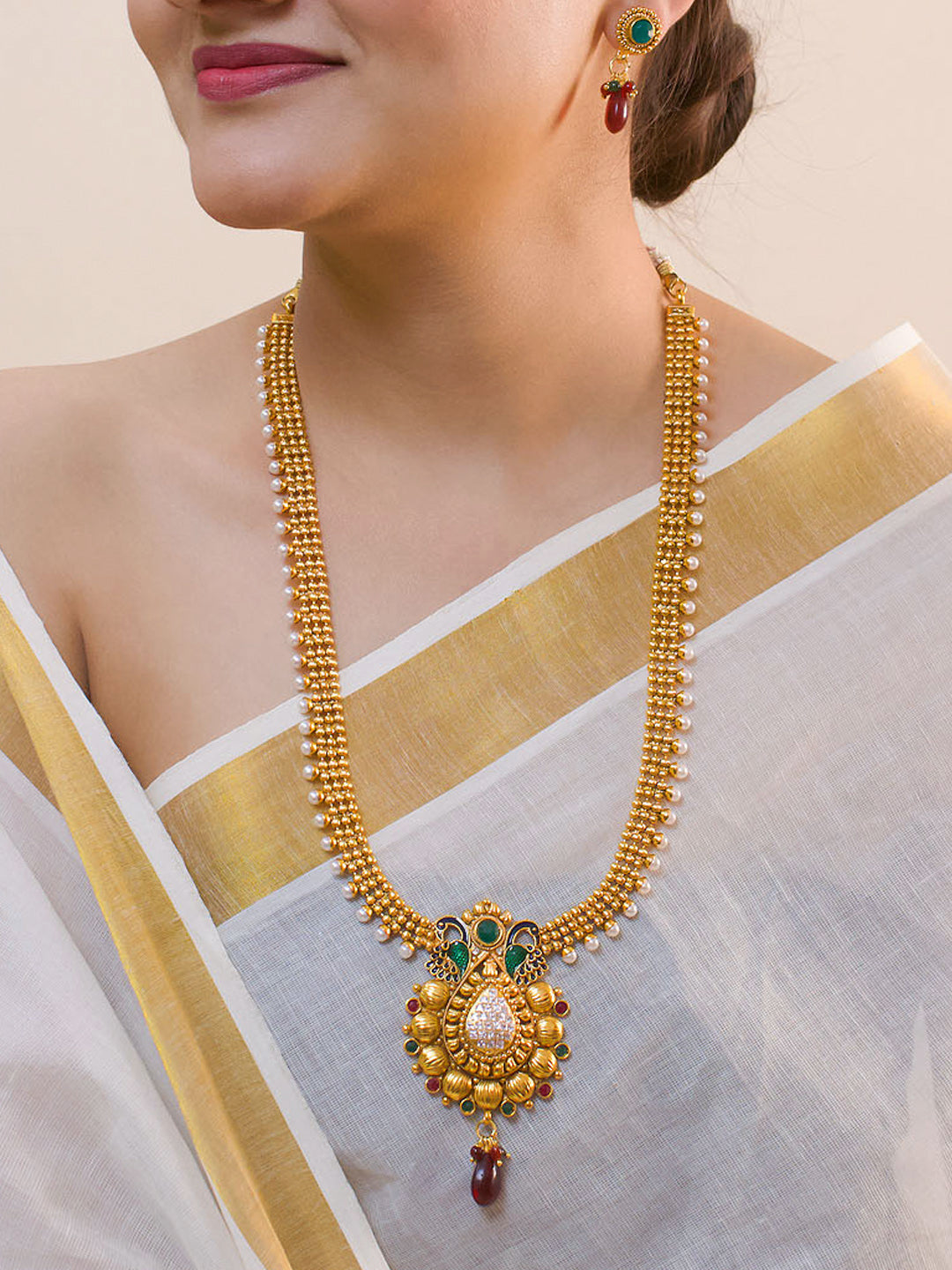 Antique Copper Peacock Design Necklace With Droppings