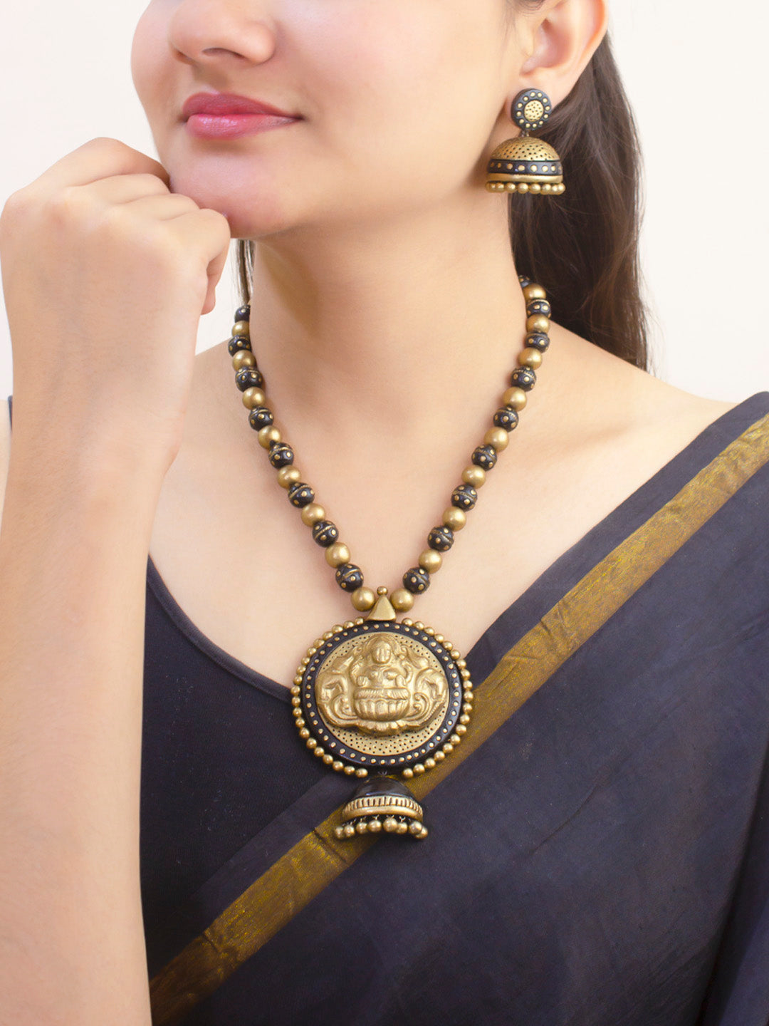 Gold and Black Color Lakshmi Design Handmade Terracotta Temple Necklace Set