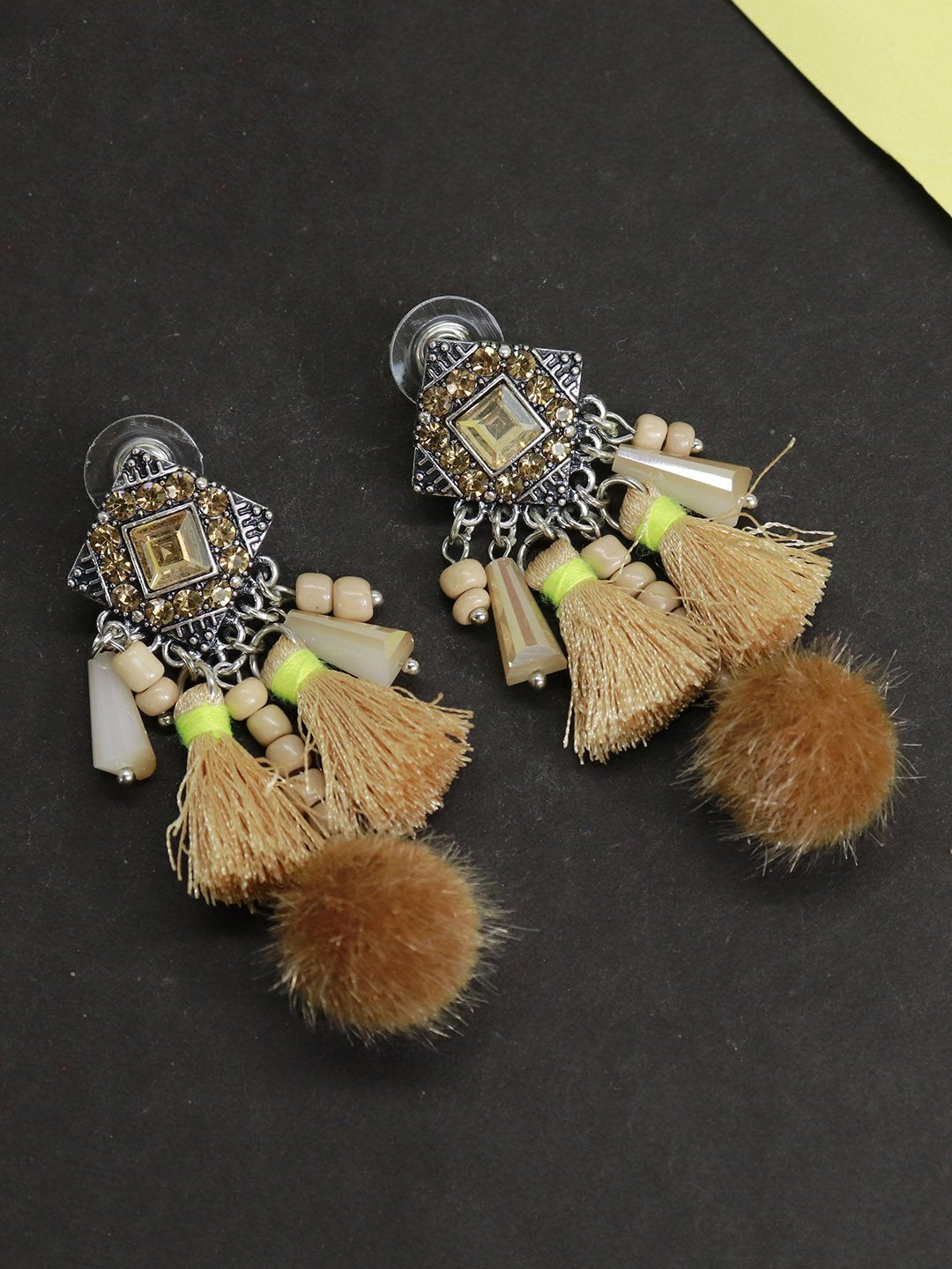 Brown Color Tassel With Pom Pom Hanging Earring