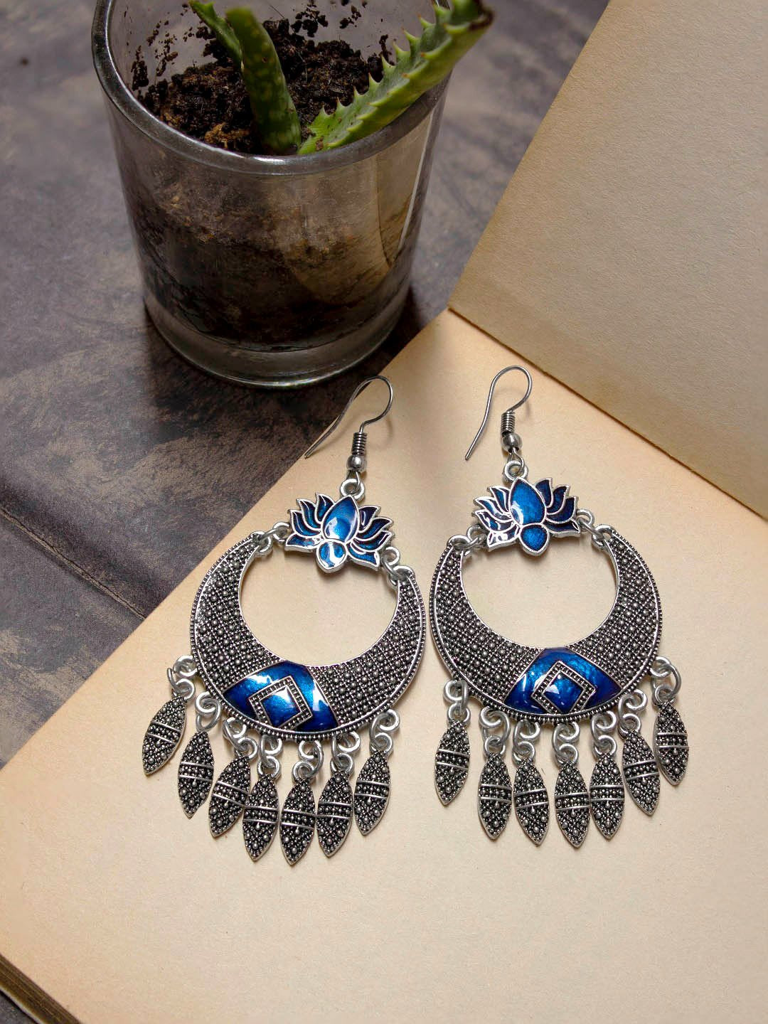 Silver Plated Lotus Design Blue Color With Hanging Ghungroos Dangler Earring