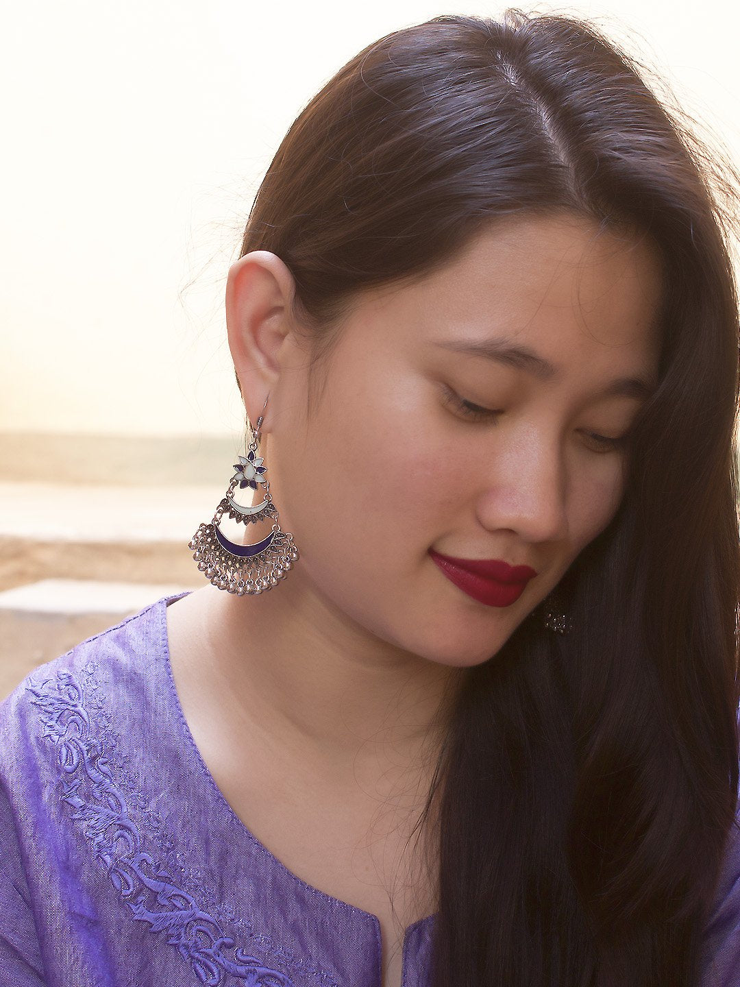 Silver Plated Floral Design Blue And Navy Color Enamel Painted With Hanging Silver Beads Dangler Earring