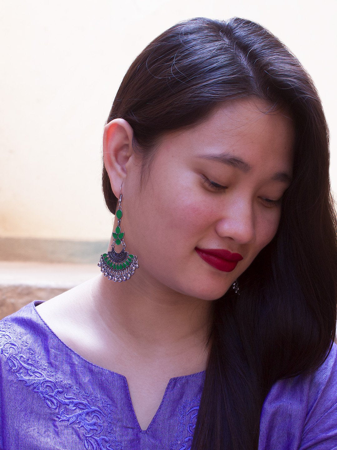 Floral Design Green Dangler Afghani Earring