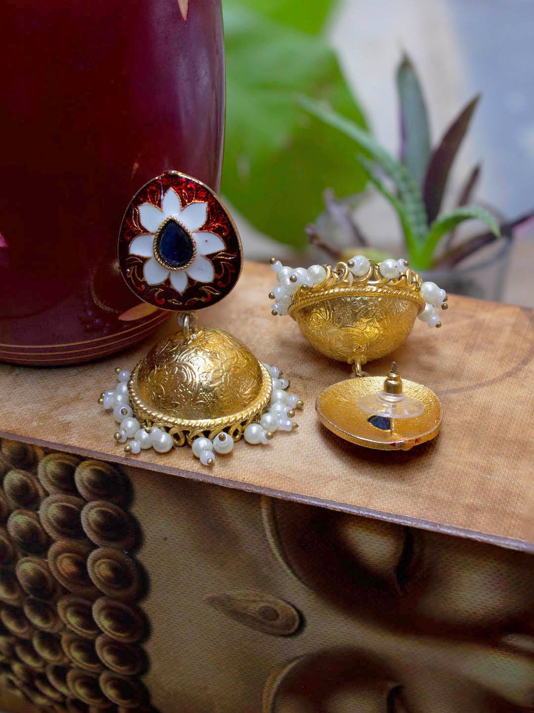 Gold Plated Floral Design Red Color Enamel Painted With White Hanging Pearls Jhumka Earring