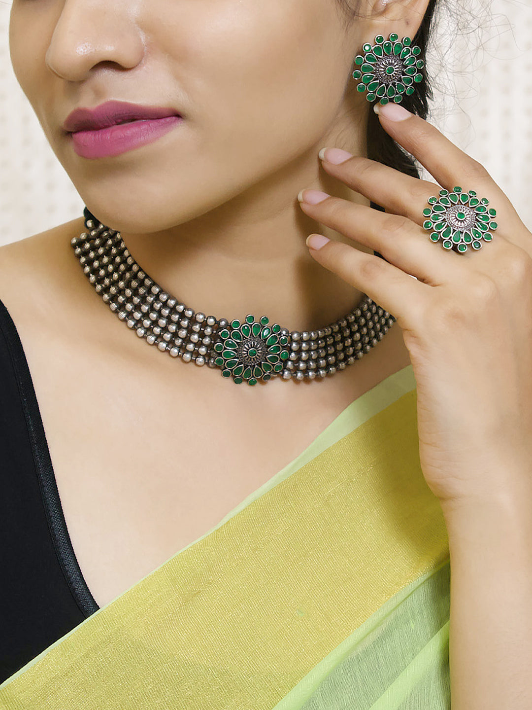 Silver Plated Five Layered Green Color Artificial Stone Tear Drop Design Choker Necklace Set With Adjustable Finger Ring