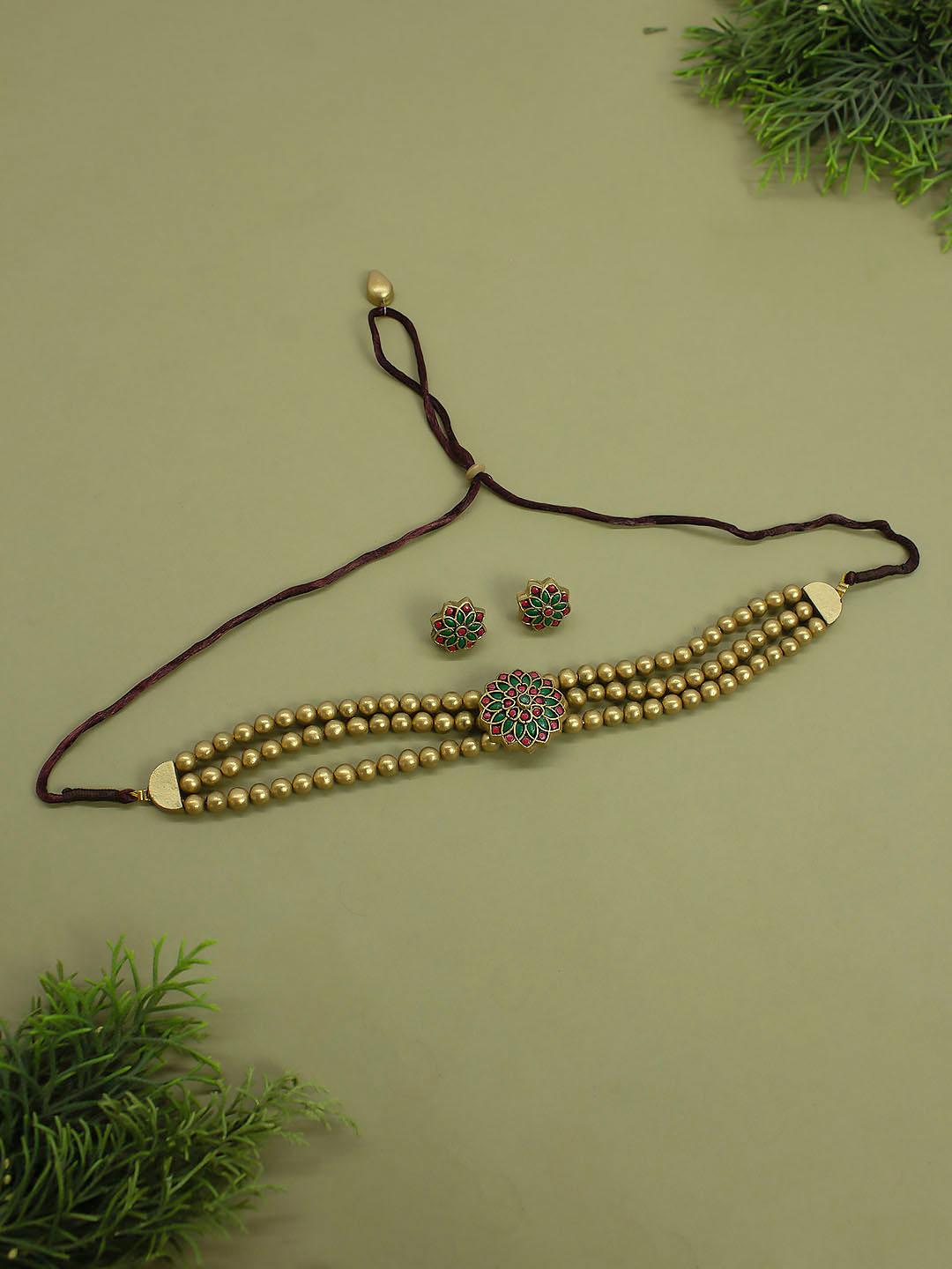 Antique Gold Pink Green Victorian Choker 3 Layered Handmade Terracotta Necklace Set