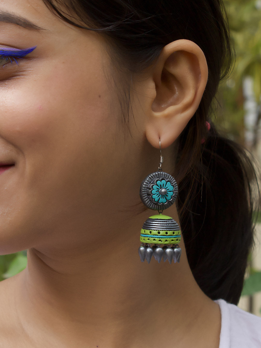 Big Handmade Terracotta Jhumka Hanging Earrings in Antique Silver Blue and Light Green
