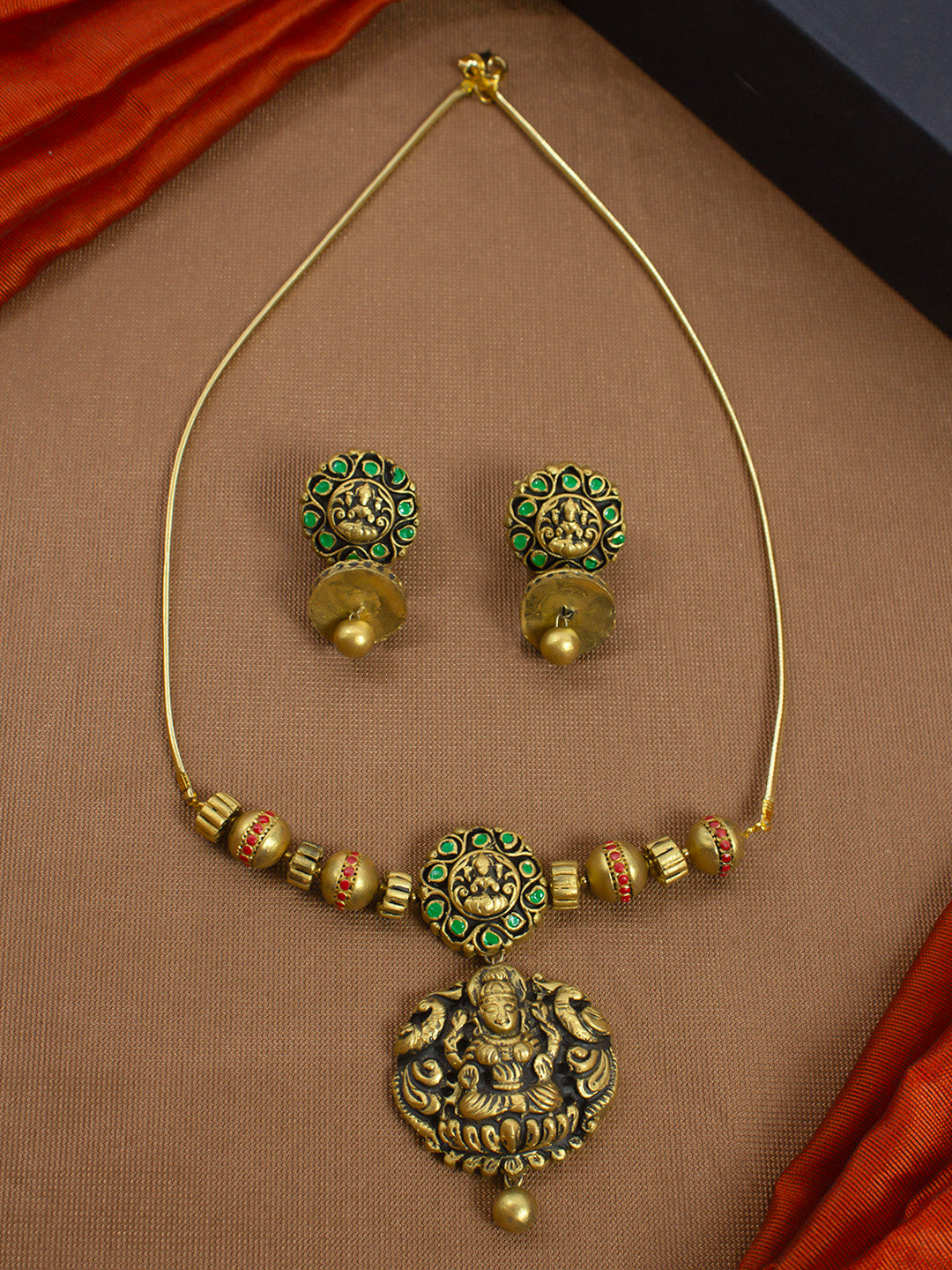 Minimalistc Lakshmi Design Antique Gold Red Green Handmade Terracotta Necklace Set