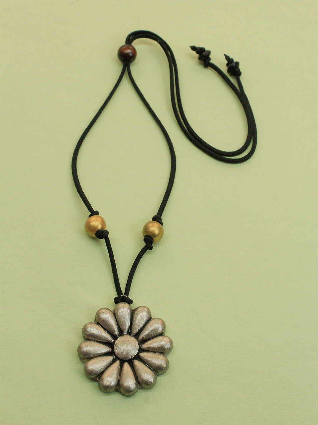 Antique Silver Gold Floral Design Pendant Handmade Terracotta Minimalistic Necklace Set