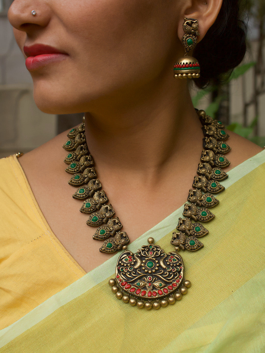 Peacock Design Hand Painted Finish Terracotta Jewellery Set