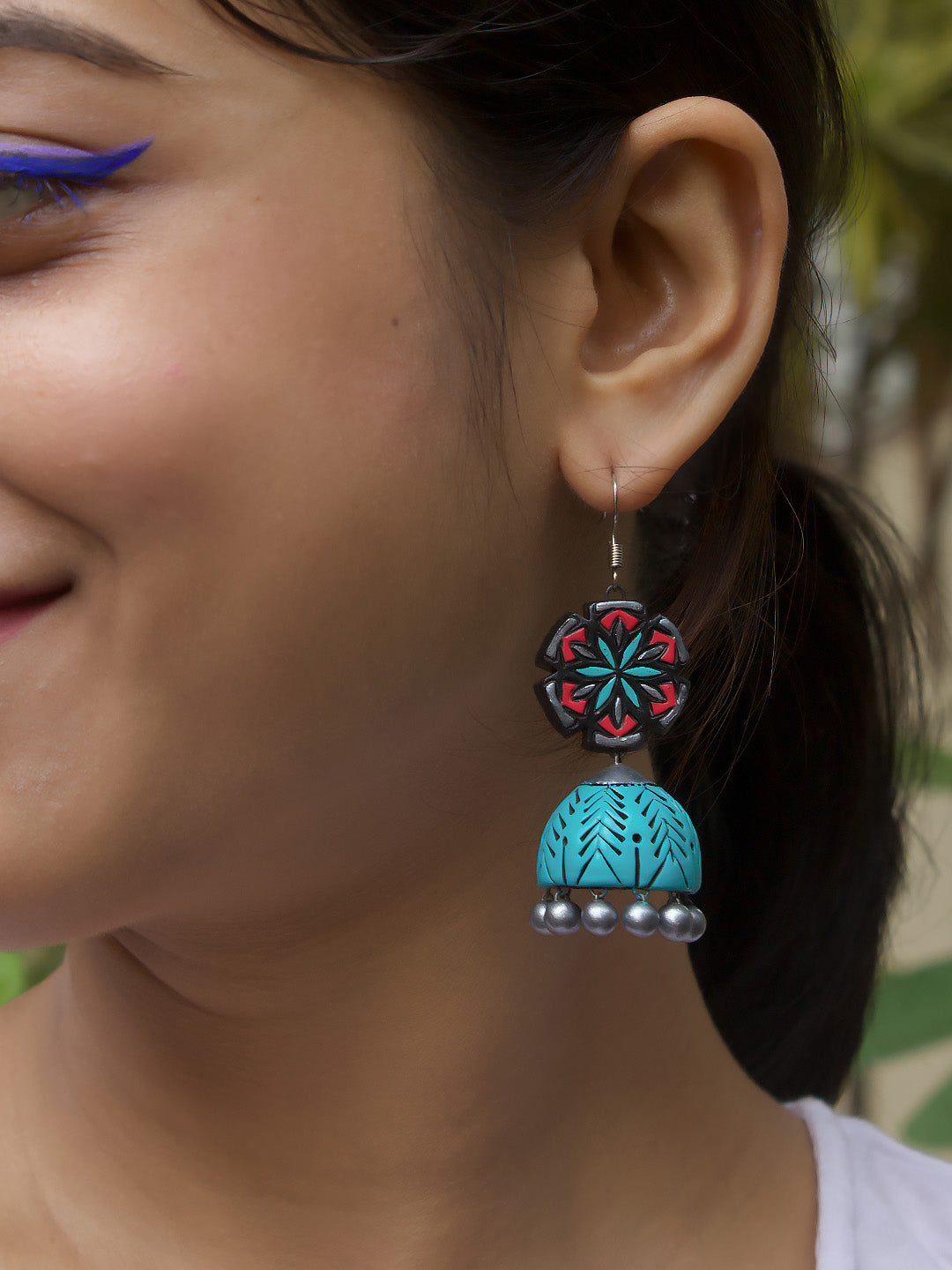 Mandal Art Work Handmade Terracotta Jhumka Earrings in Light Blue Antique Silver and Pink