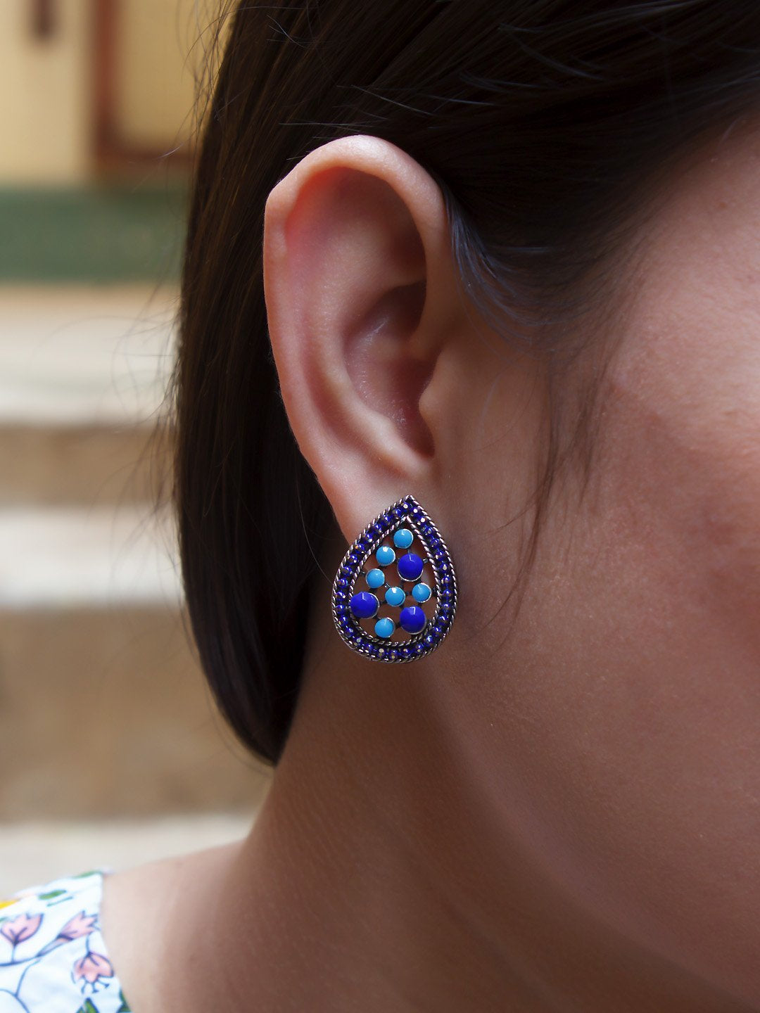 Tear Design Blue Stud With Stones Earring