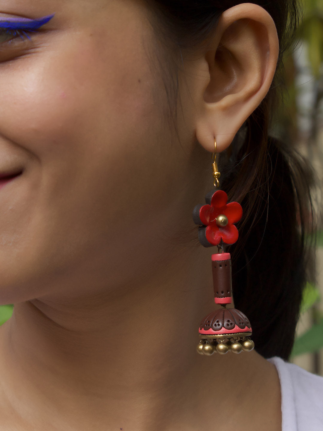 Handmade Terracotta Stud Jhumka Earrings in Antique Gold Red Brown