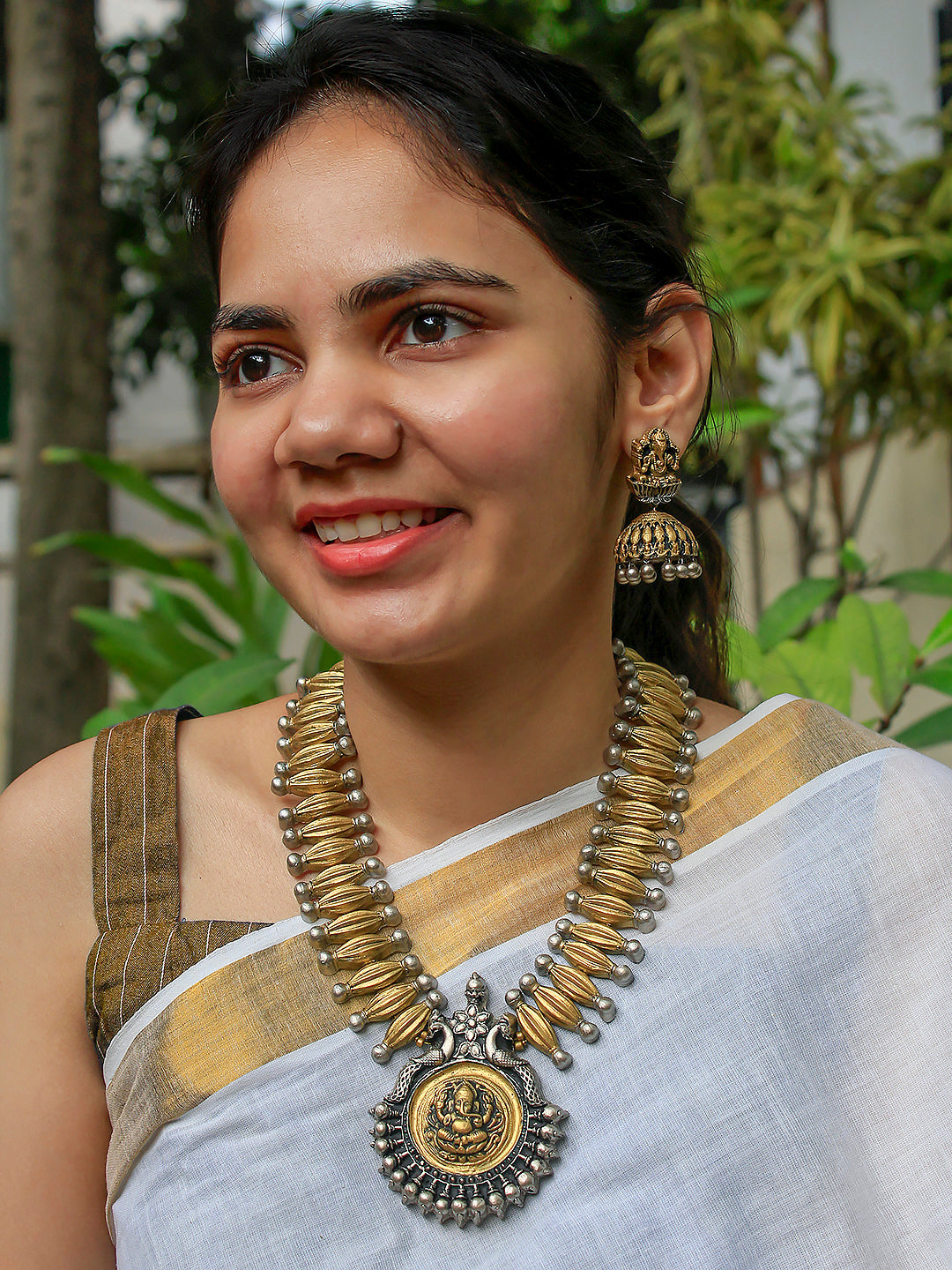 Antique Gold Silver Ganesha and Peacock Design Handmade Terracotta Necklace Set