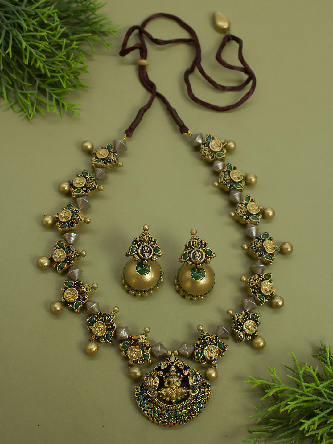 Lakshmi and Mango Design Antique Gold Silver Sap Green Handmade Terracotta Necklace Set