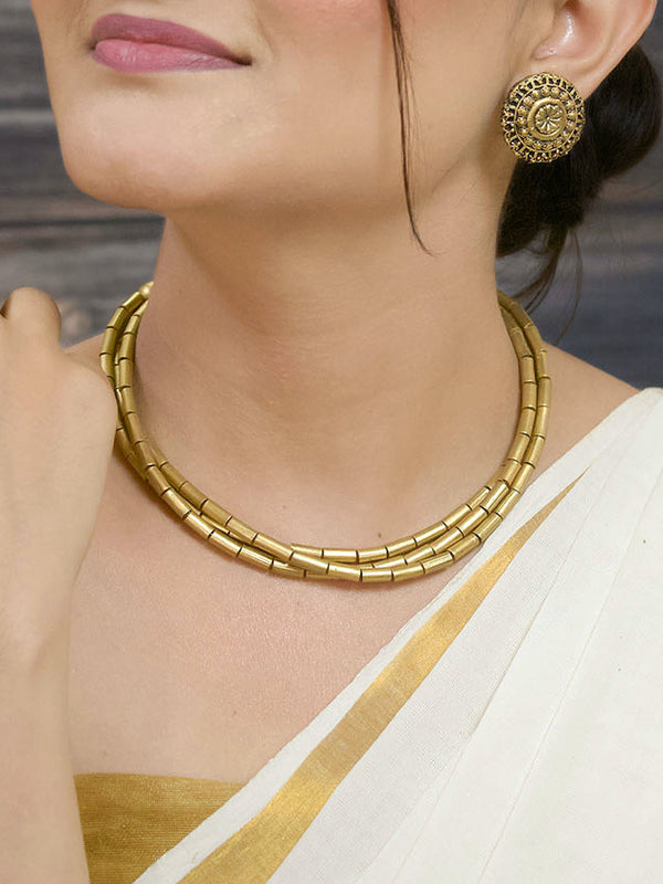 Antique Gold Toned Multilayered Tube Shape Beads Terracotta Choker Necklace Set