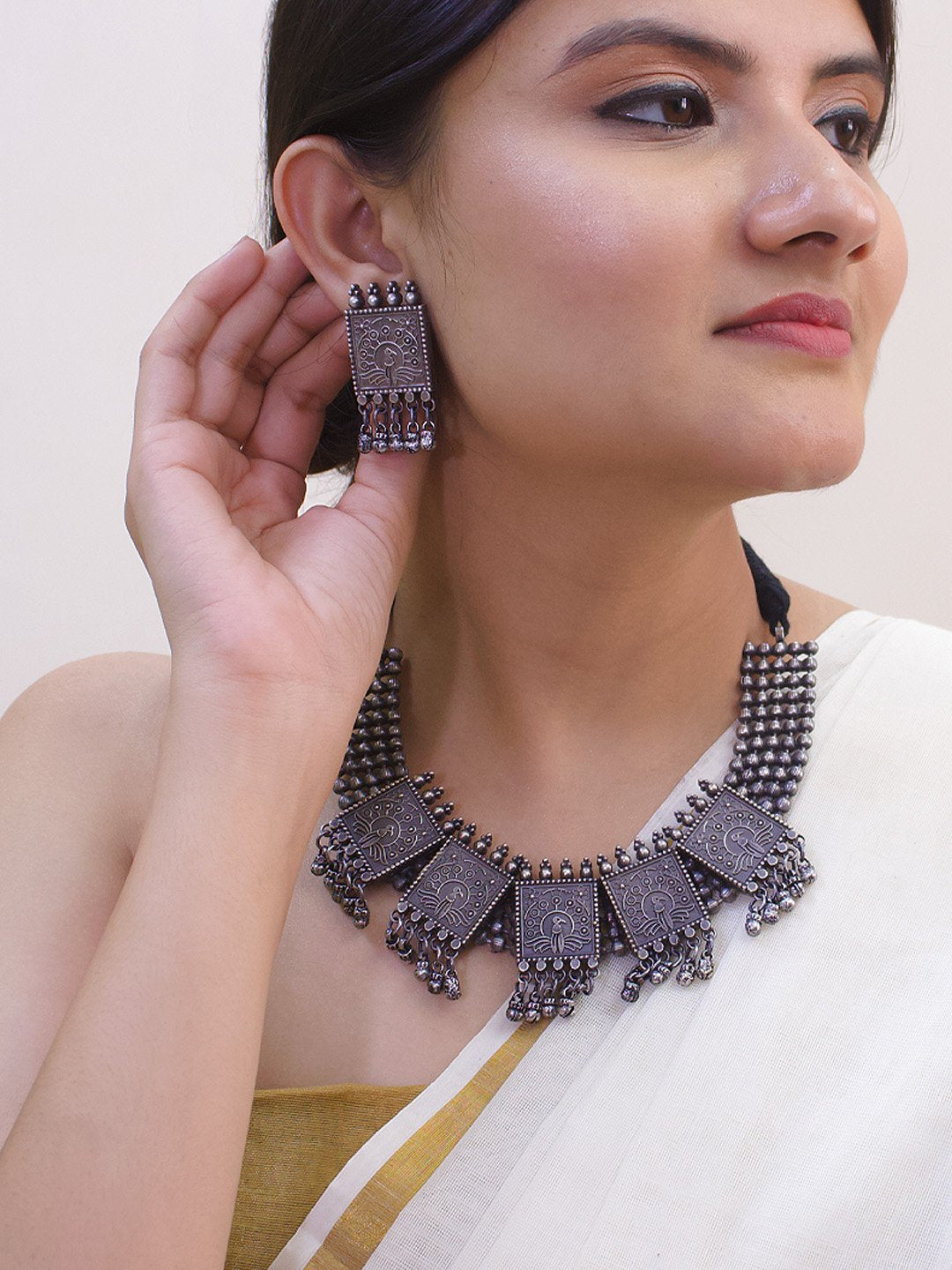 Silver Plated Bird Design With Hanging Ghungroos Choker Necklace Set