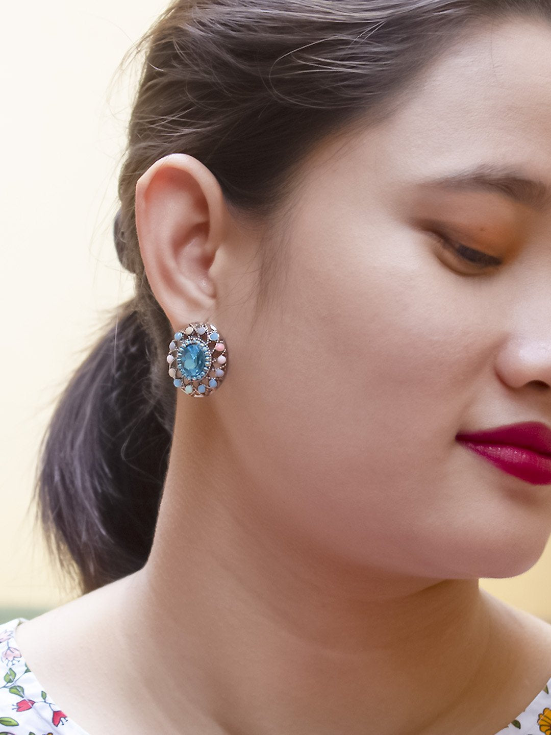 Oval Design Blue Stud With Stones Earring