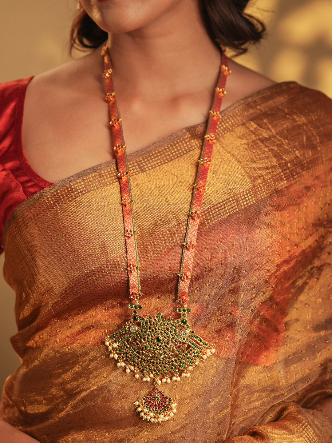Zarona — Gold Tone Temple Necklace Set- Orange and green Zari haaram