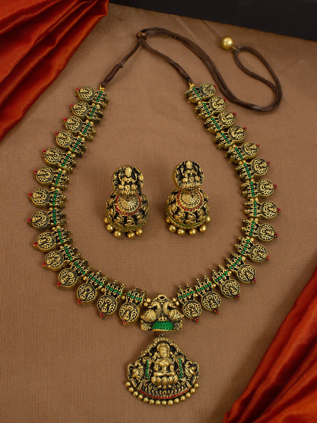 Antique Gold Red Green Temple Lakshmi Peacock Design Handmade Terracotta Necklace Set