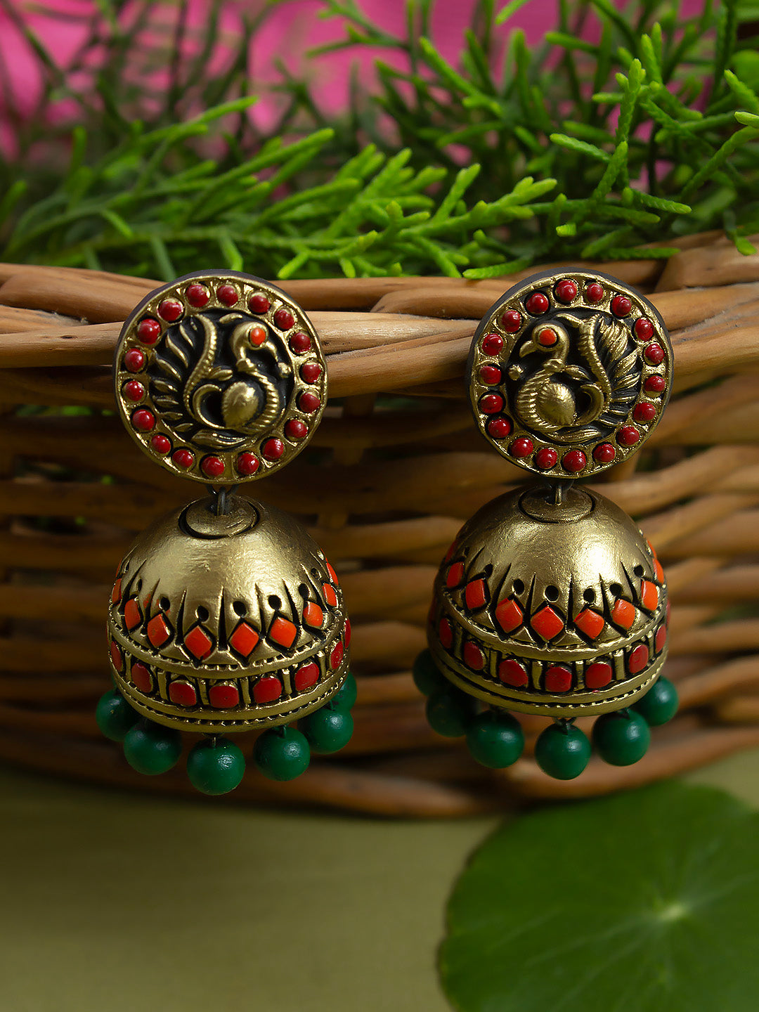 Antique Gold Red Green Circular Peacock Design Disc Handmade Terracotta Stud Jhumka Earrings