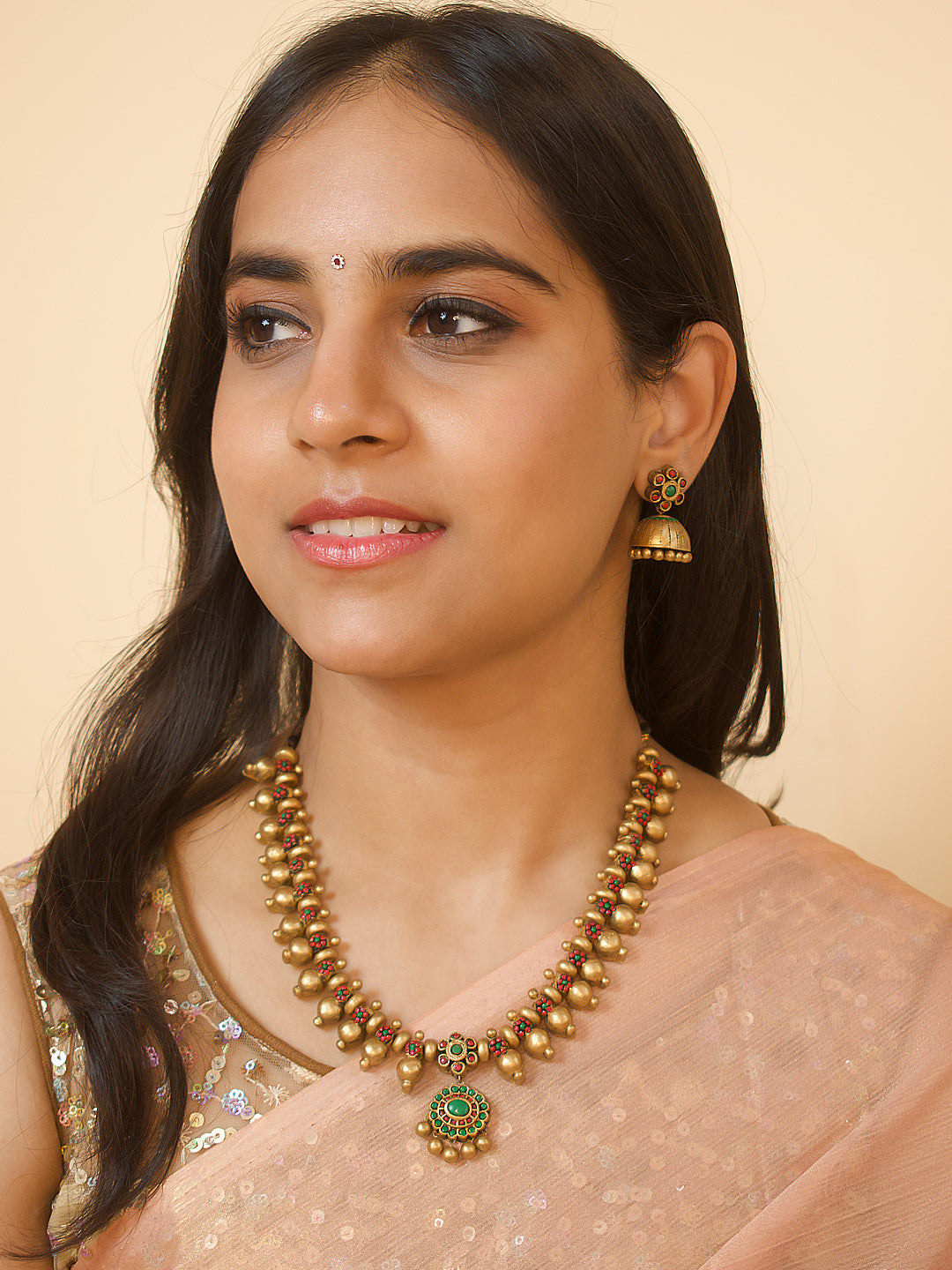 Padmasri — Antique Gold Red Green Floral Design Contemporary Style Handmade Terracotta Necklace Set