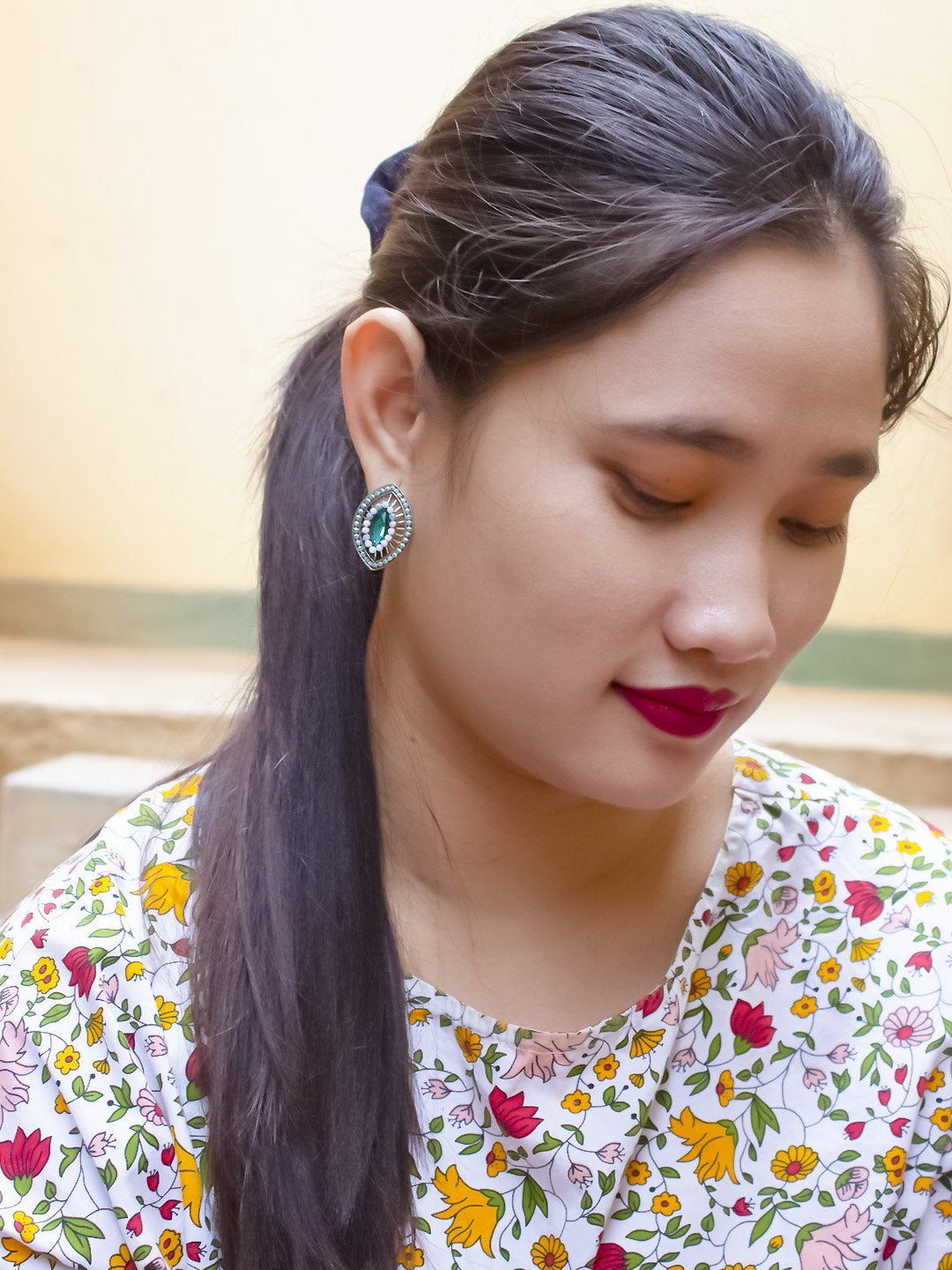 Silver Plated Oval Design Multicolor Plastic Stone Stud Earring