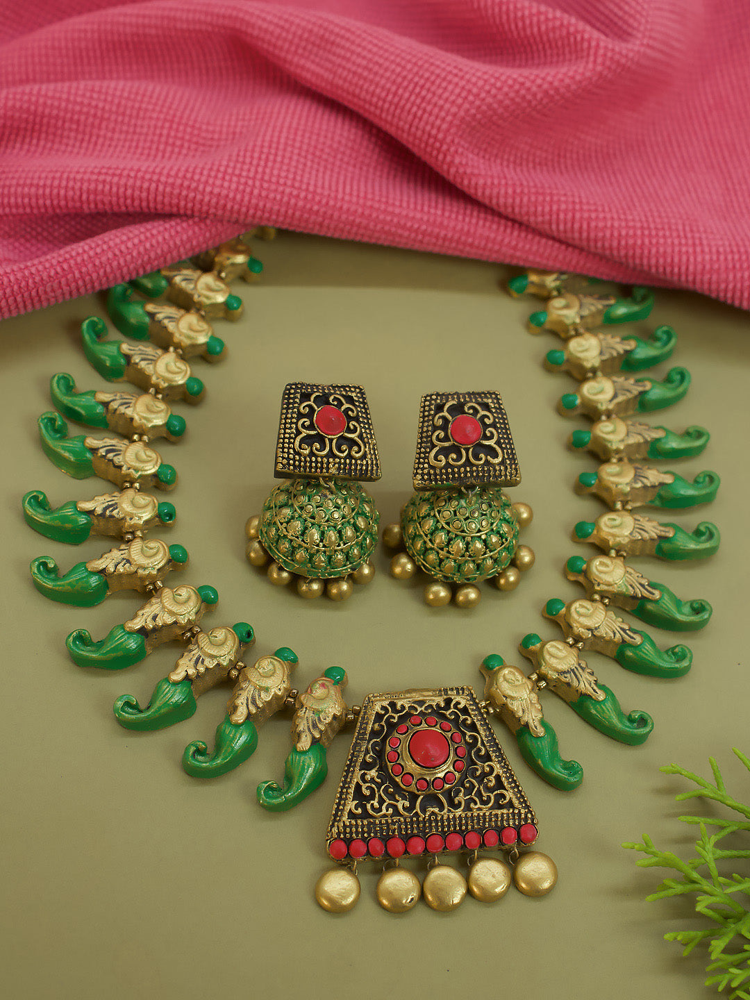 Peacock Design Pattern Mandal Art Work Pendant Antique Gold Red Green Long Handmade Terracotta Necklace Set